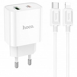 З/У HOCO C80A Сетевое + Кабель Type-C---Lightning/ PD + QC 3.0/ 2 USB/ Выход: 5V_9V_12V, 20W/ White