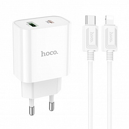 З/У HOCO C80A Сетевое + Кабель Type-C---Type-C/ PD + QC 3.0/ 2 USB/ Выход: 5V_9V_12V, 20W/ White